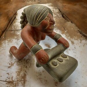 Vintage Mexican Red Clay Mayan Woman Grinding Corn Terra Cotta Folk Art Figurine